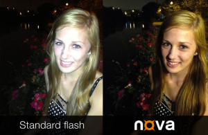 Vergleich normaler Smartphone-Blitz und Nova Flash (Bild: Kickstarter/© Sneaky Squid LLC)